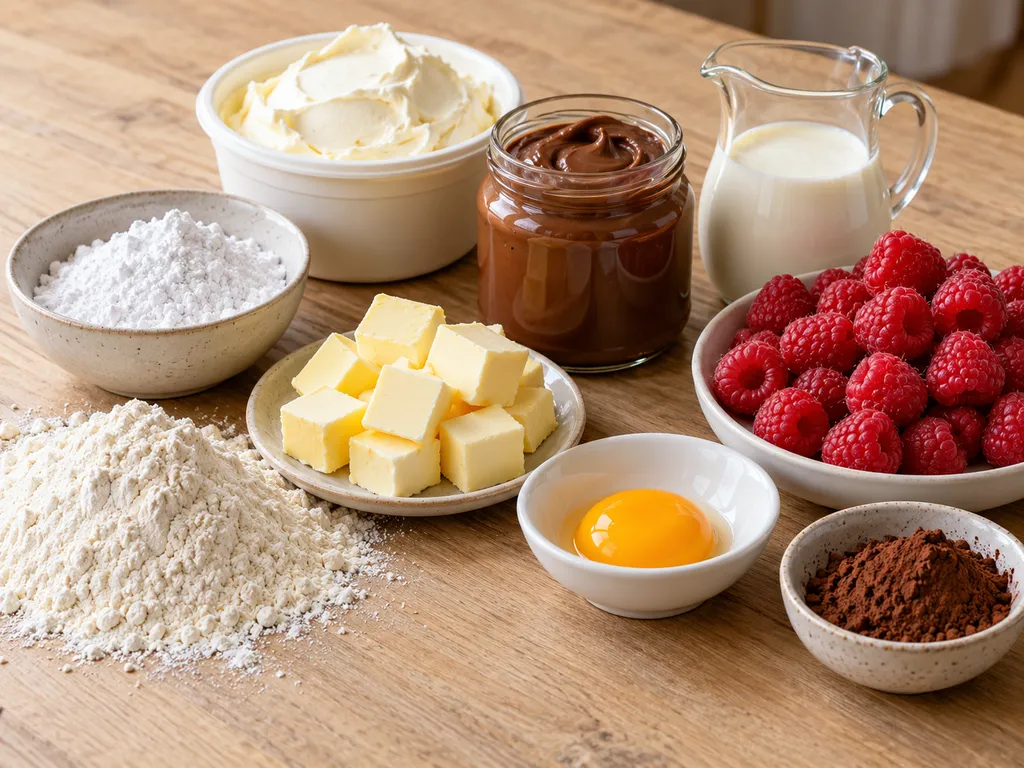 Składniki na tartaletki z nutellą: mąka, masło, mascarpone, maliny i kakao