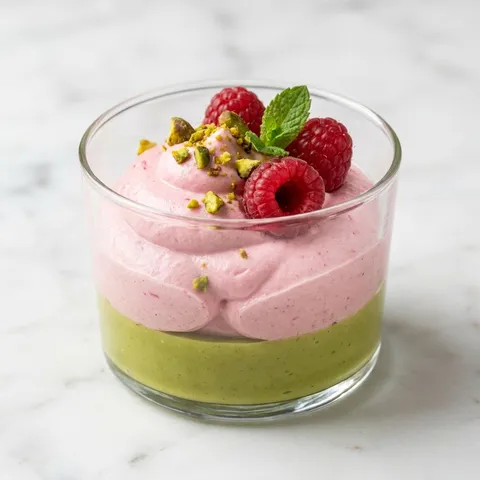 Layered raspberry mousse and pistachio cream dessert in a glass with fresh raspberries