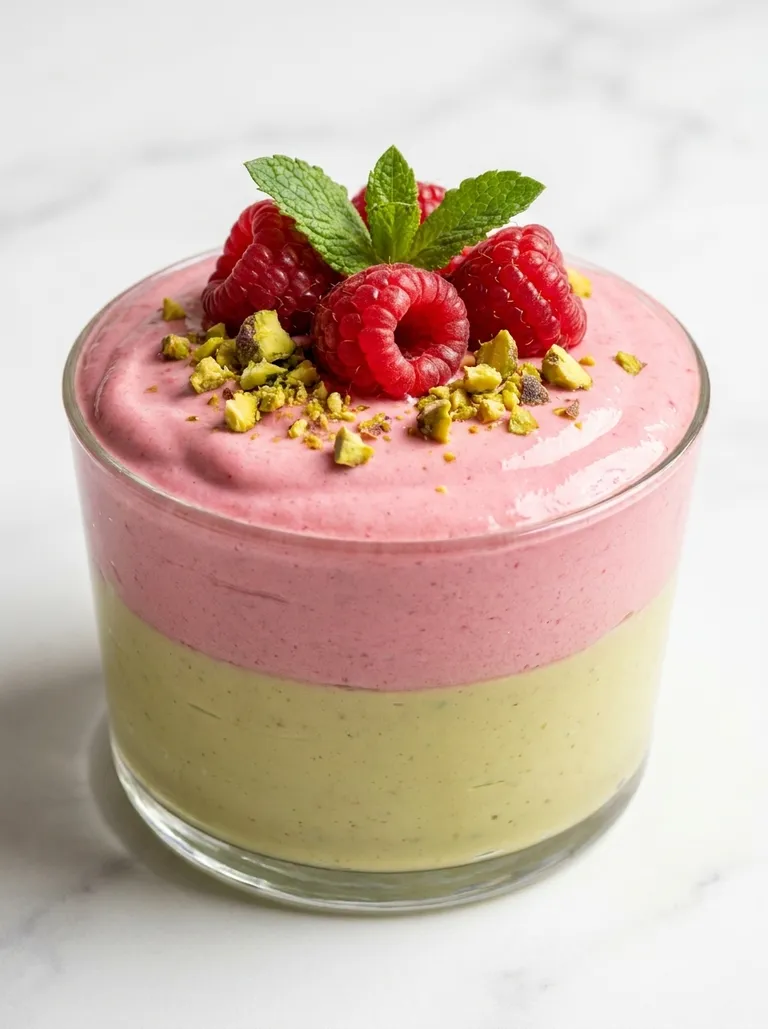 Close side view of layered raspberry mousse and pistachio cream dessert in a glass