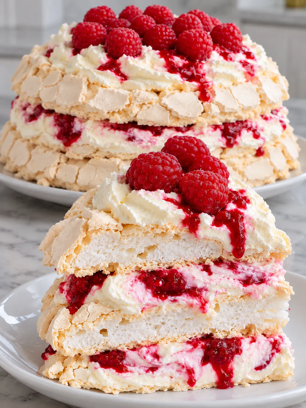 Tort bezowy Pavlova z malinami, w całości i w przekroju na talerzu
