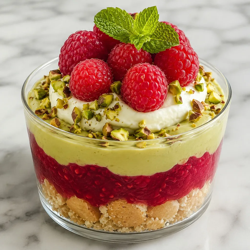 Layered raspberry pistachio dessert in a glass with whipped cream and mint