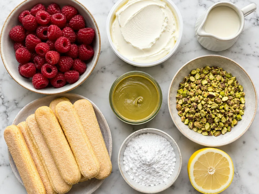 Fresh raspberries, mascarpone, pistachios and ladyfingers on a wooden board