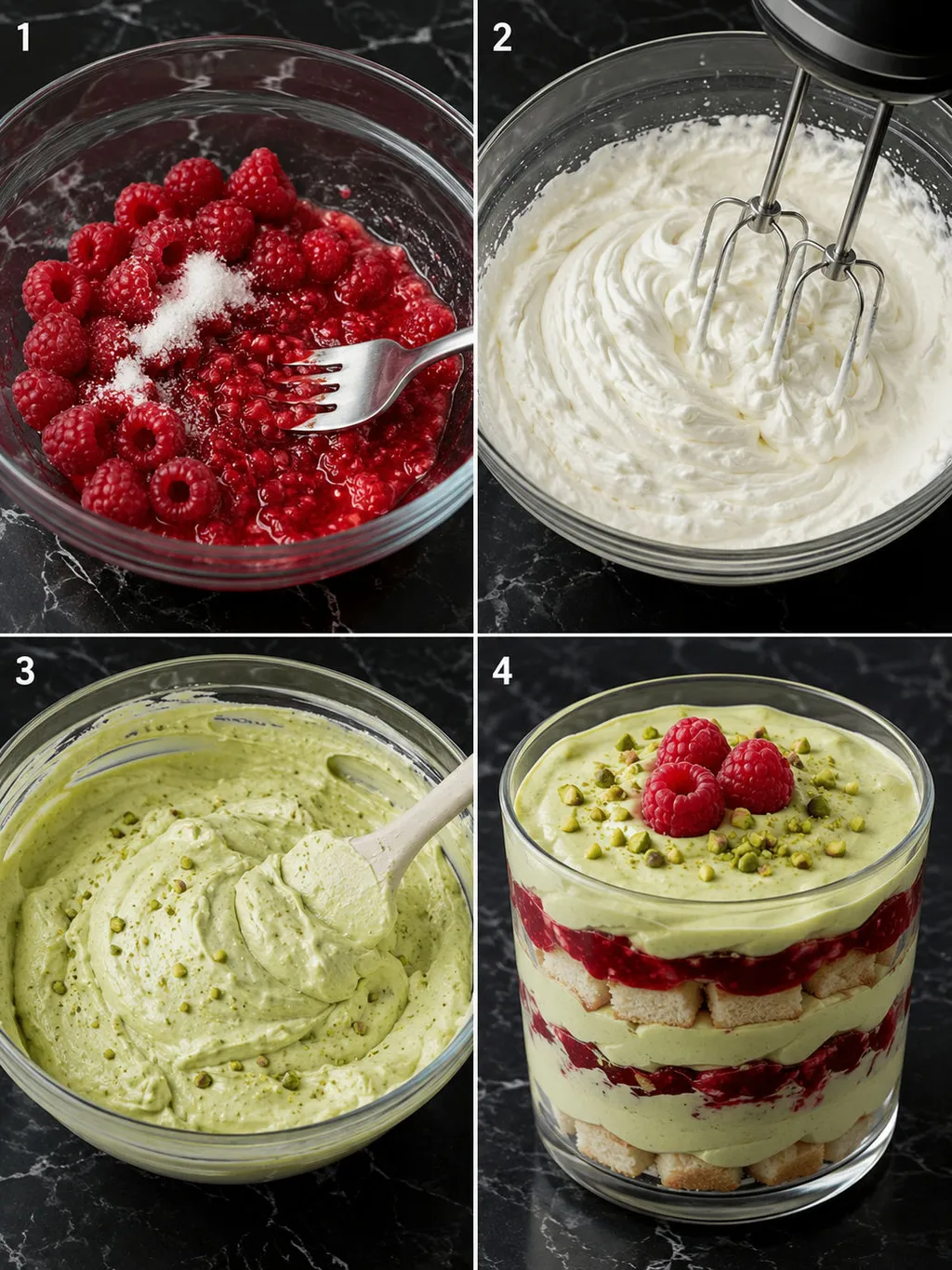 Four steps of making a layered raspberry pistachio dessert in glasses