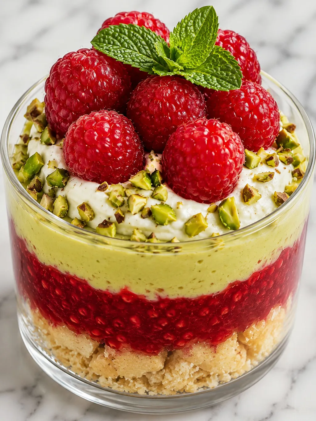 Close view into a glass of layered raspberry pistachio dessert with mint