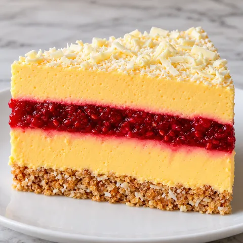 Przekrojone ciasto z mango i malinami z kremem mascarpone na biszkoptowym spodzie
