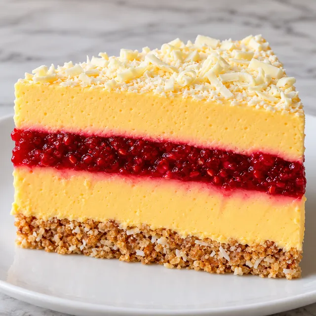 Przekrojone ciasto z mango i malinami z kremem mascarpone na biszkoptowym spodzie