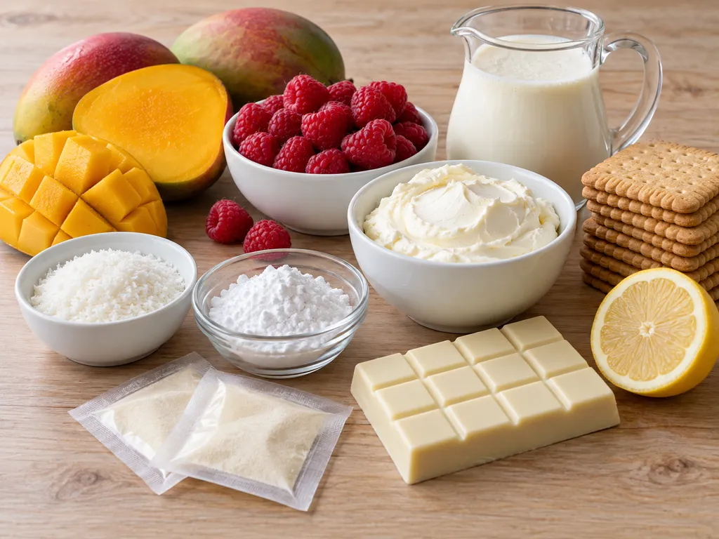Surowe składniki na ciasto z mango bez pieczenia: mango, maliny, mascarpone i herbatniki
