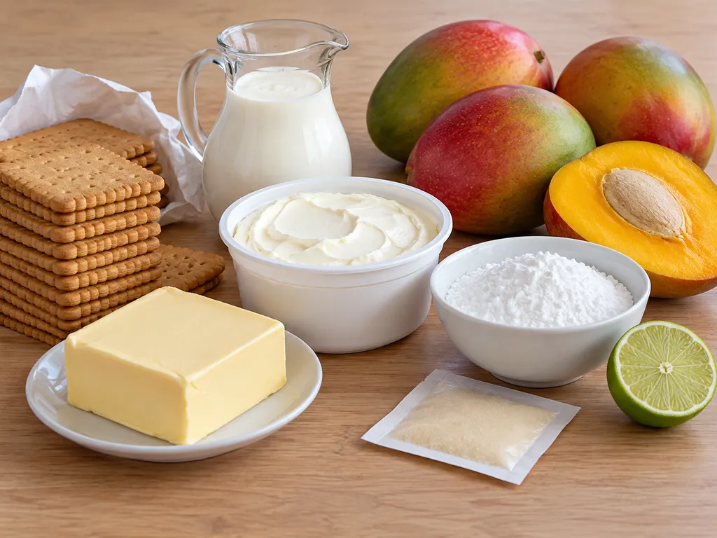 Składniki na sernik na zimno z mango: herbatniki, masło, mascarpone, śmietanka, mango i żelatyna