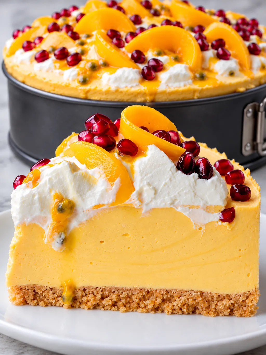 Cały sernik na zimno z mango w tortownicy i pojedynczy kawałek na talerzu