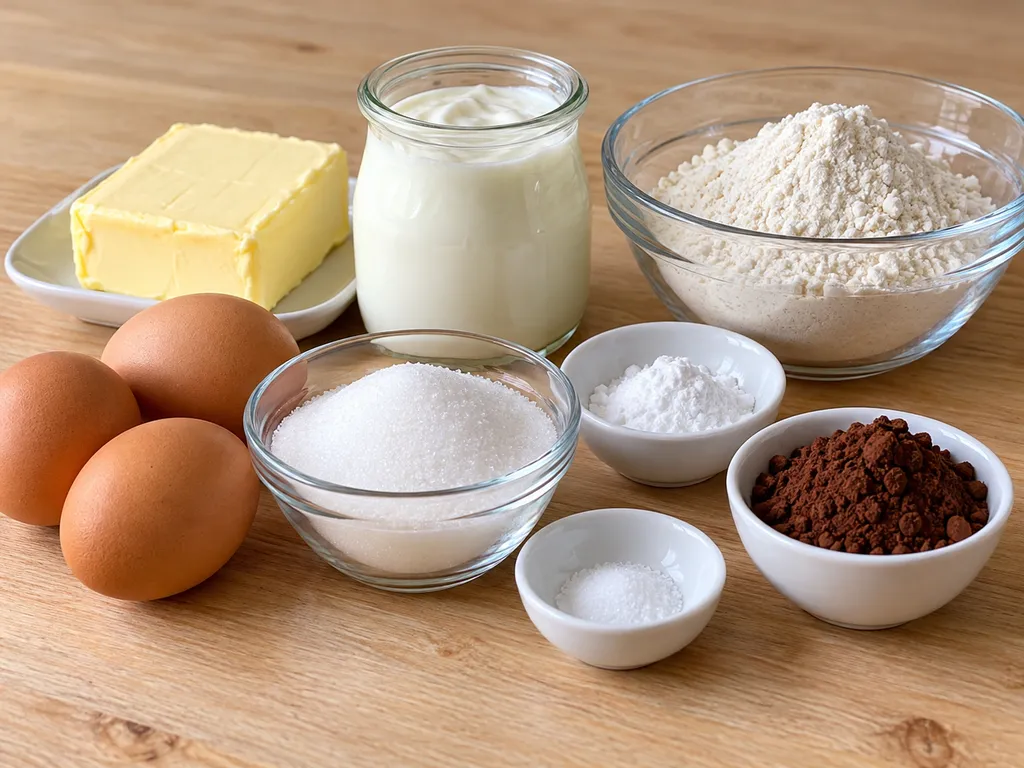 Składniki na marmurkowe ciasto jogurtowe: jajka, jogurt, masło, mąka i kakao