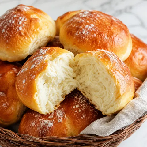Torn soft yeast roll showing a fluffy white interior in a basket of golden rolls
