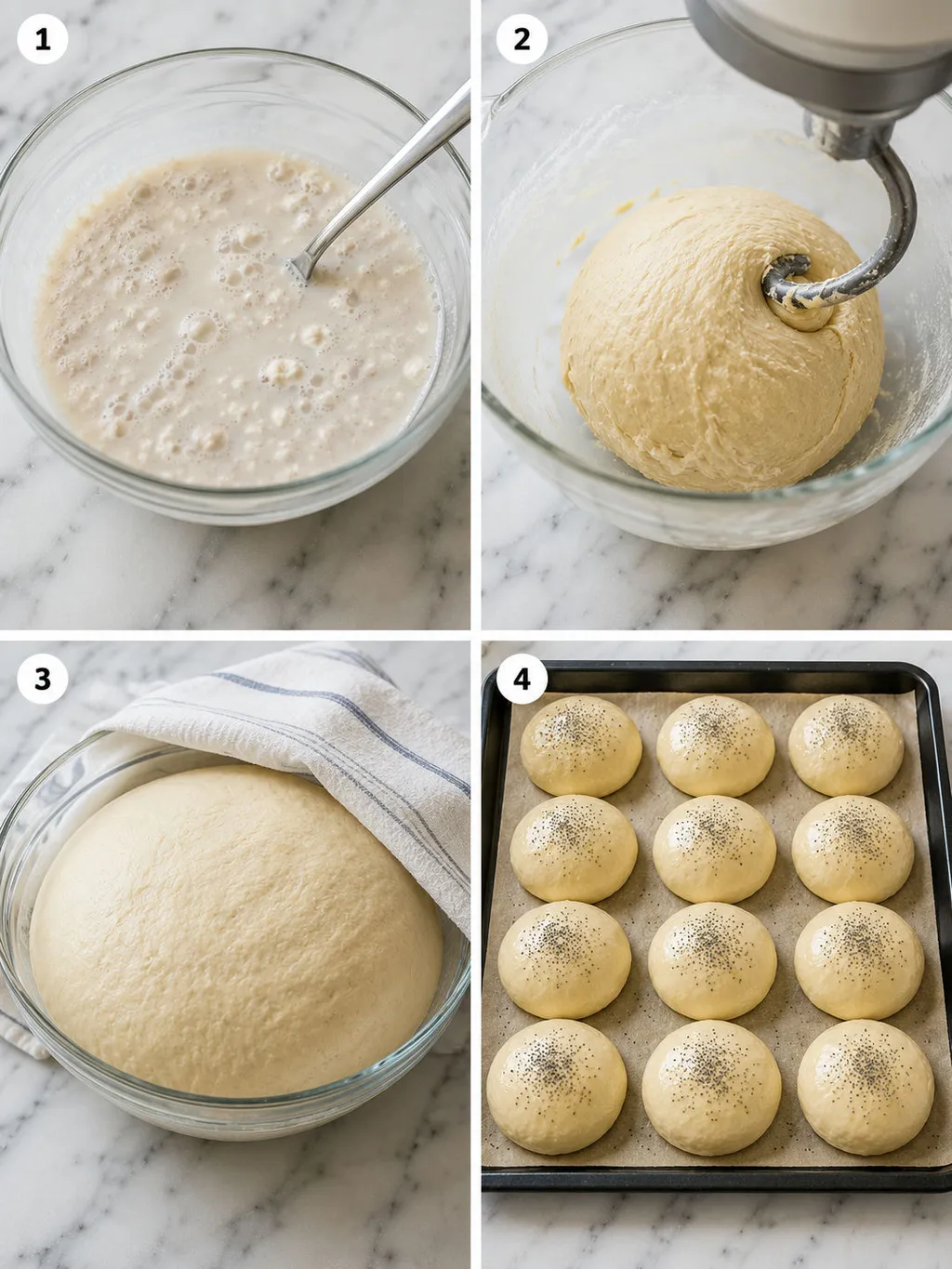 Four steps of making soft yeast dough from foaming yeast to baked golden rolls