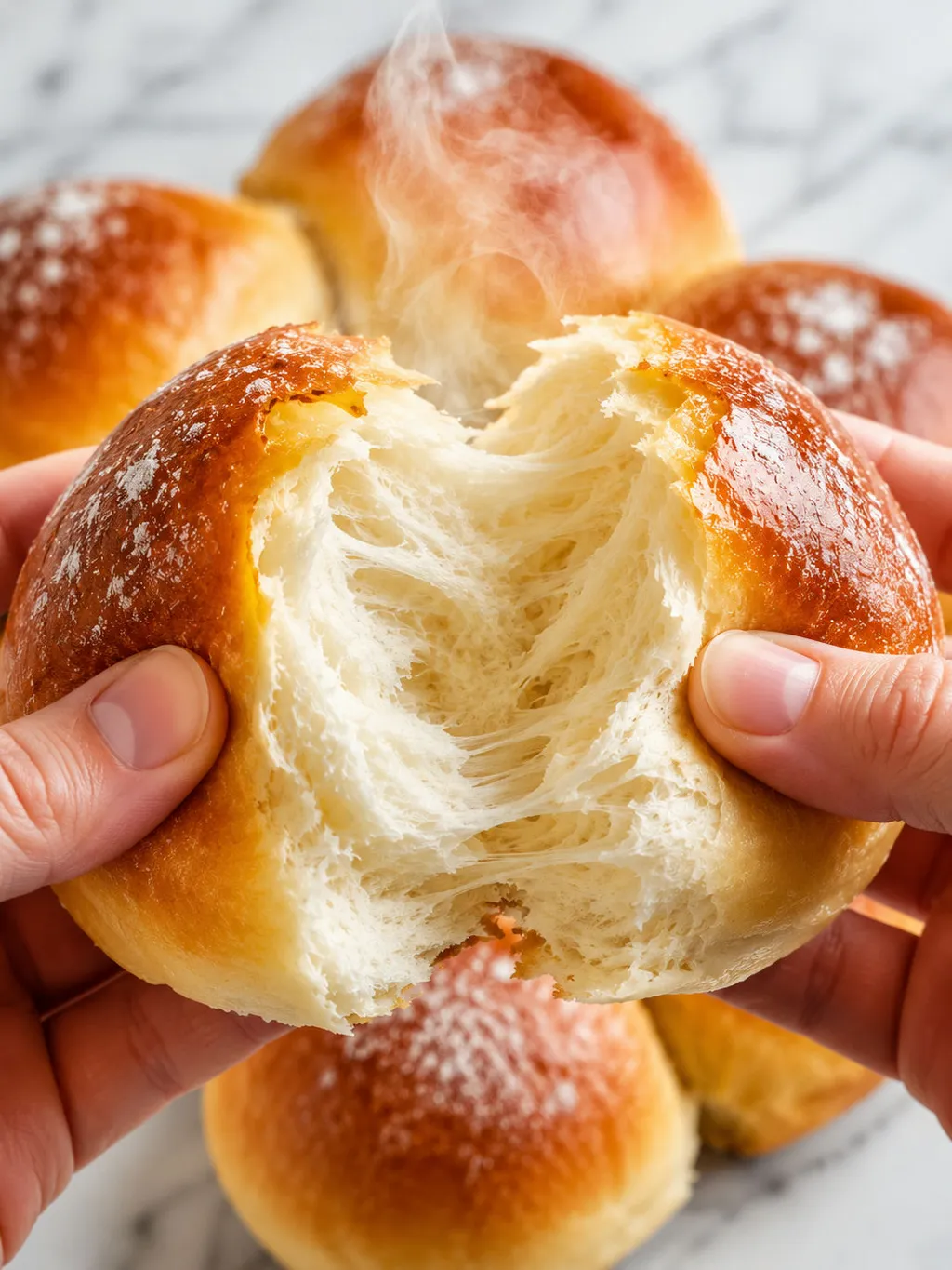 Soft yeast roll pulled apart showing a pillowy steaming interior