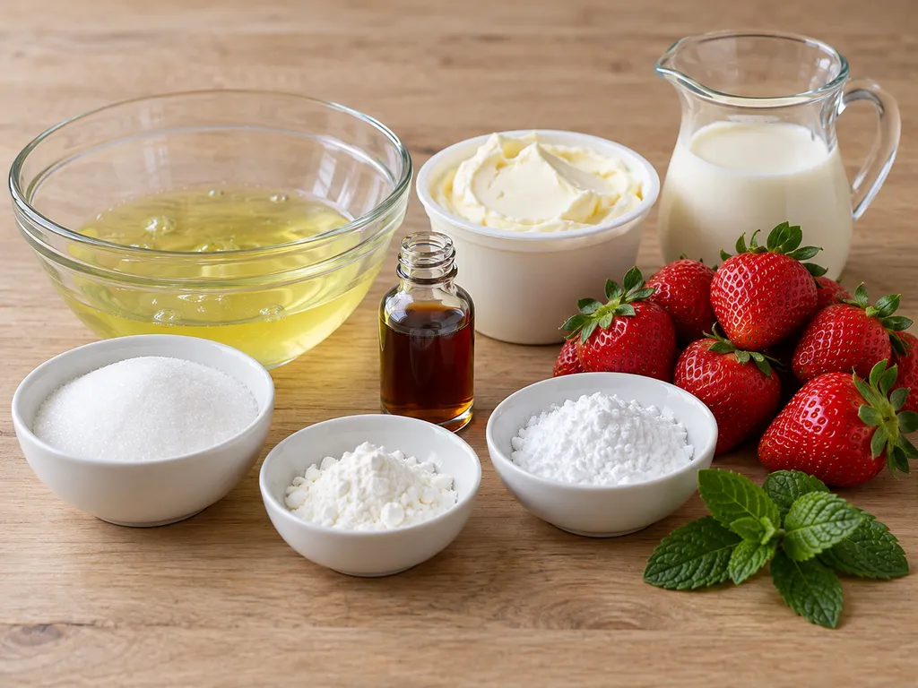 Składniki na mini bezy z truskawkami: białka, cukier, mascarpone i truskawki