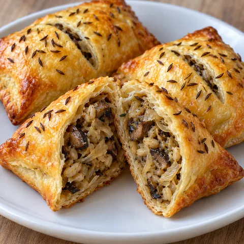 Pieczone mini kulebiaki z kapustą, grzybami i kaszą, jedna przełamana na pół