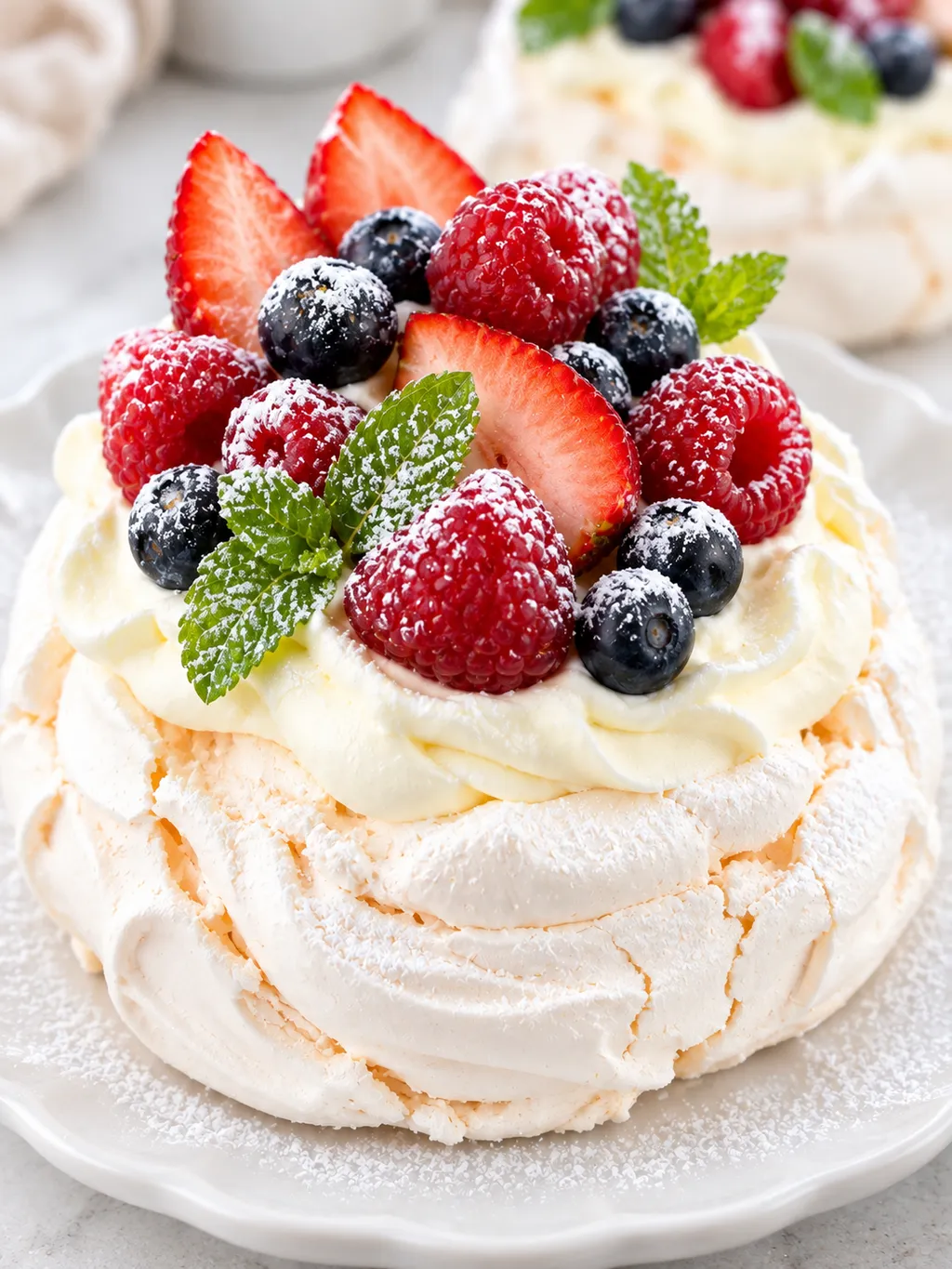 Mini pavlova z owocami i miętą wypełniająca pionowy kadr
