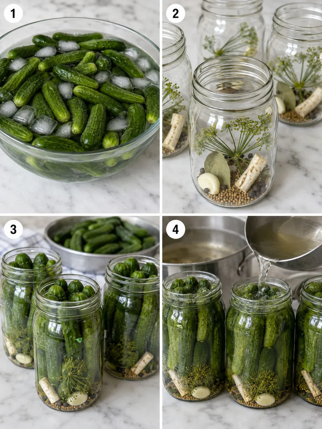Four steps of making mini pickled cucumbers from soaking to pouring hot brine