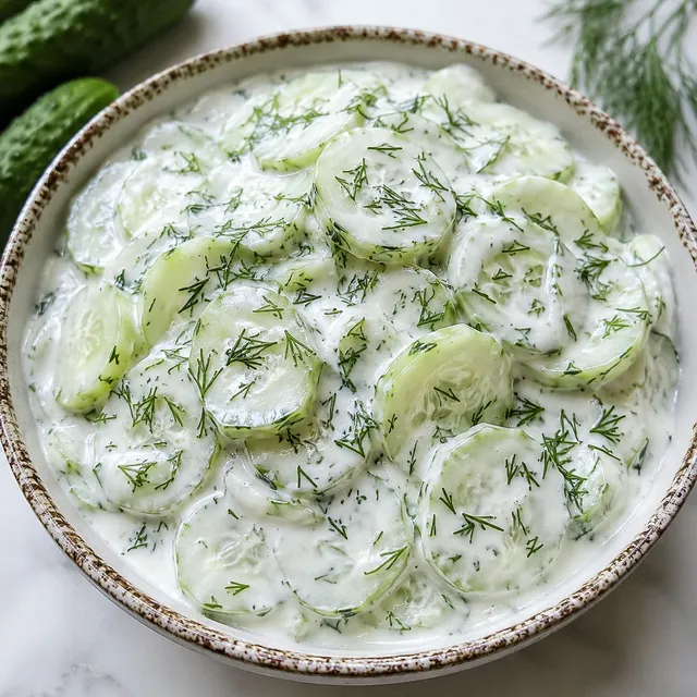 Sliced cucumbers in creamy sour cream sauce with fresh dill in a ceramic bowl