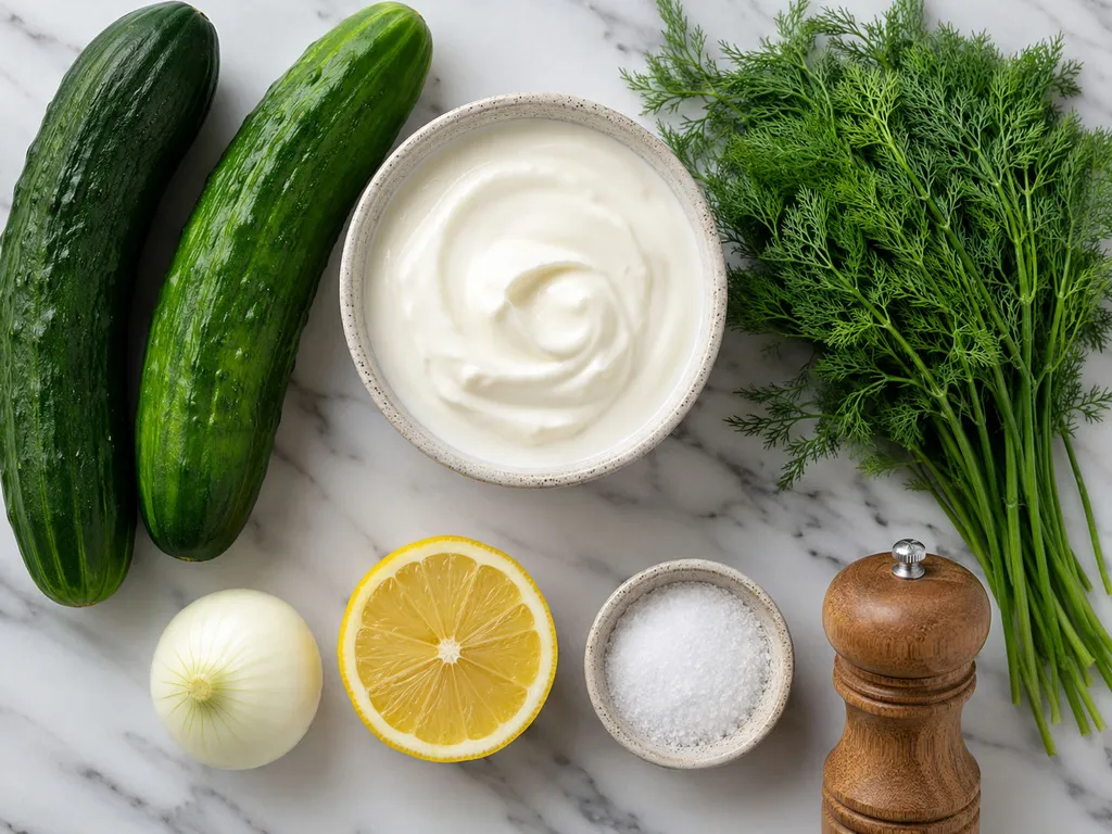 Fresh cucumbers, sour cream, dill, onion and lemon on a wooden countertop