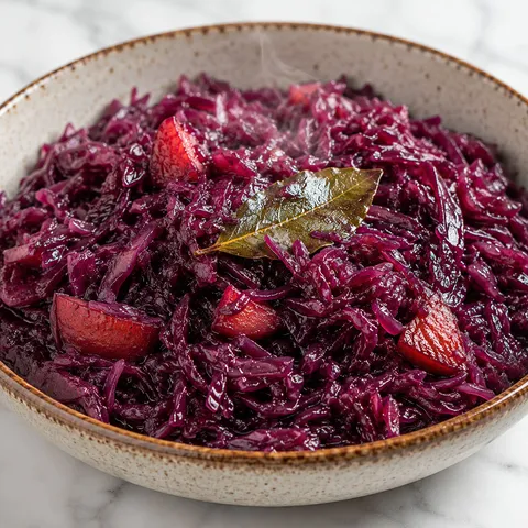 Glossy ruby-red Polish braised cabbage with apple in a rustic bowl