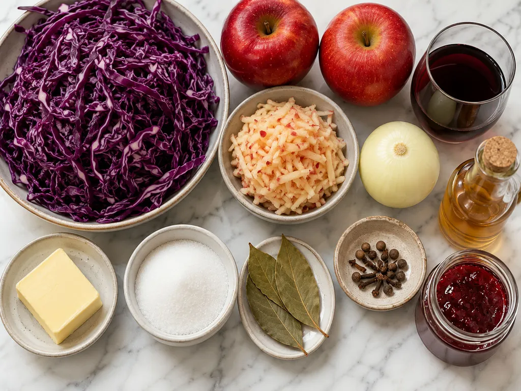 Raw ingredients for Polish braised red cabbage including cabbage, apples and spices