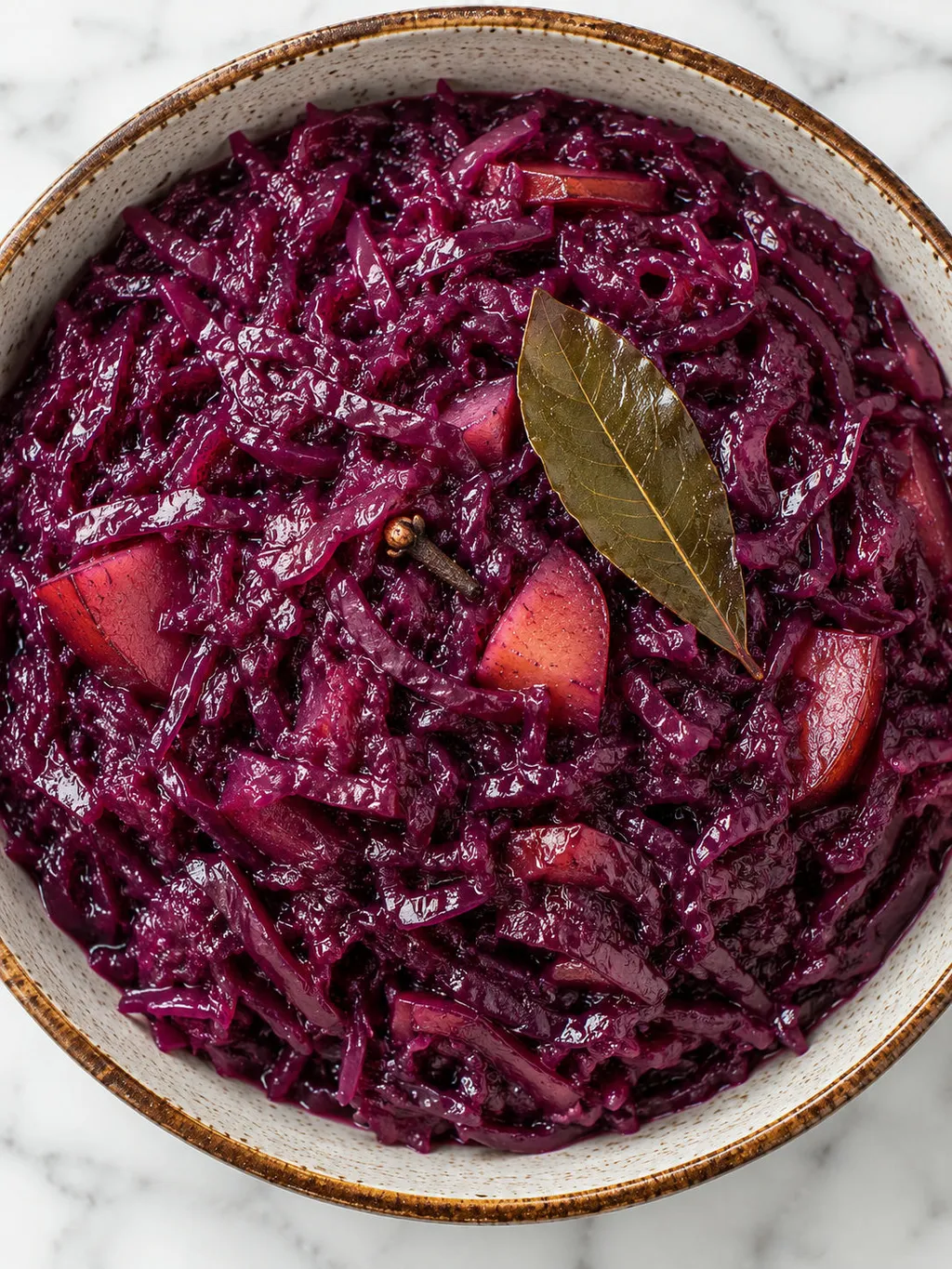 Top-down bowl of glossy Polish braised red cabbage with apple and spices