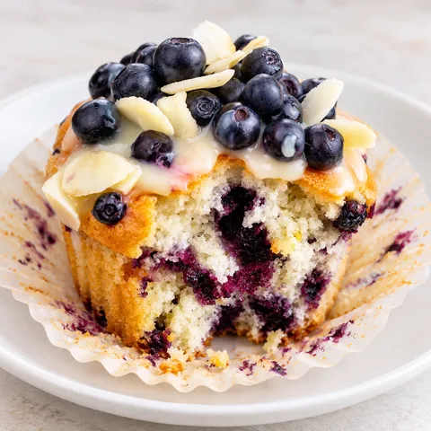 Muffin z jagodami, białą czekoladą i płatkami migdałów