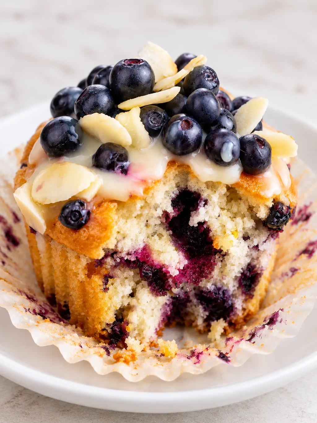 Muffin z jagodami w rozwiniętej papilotce z białą polewą