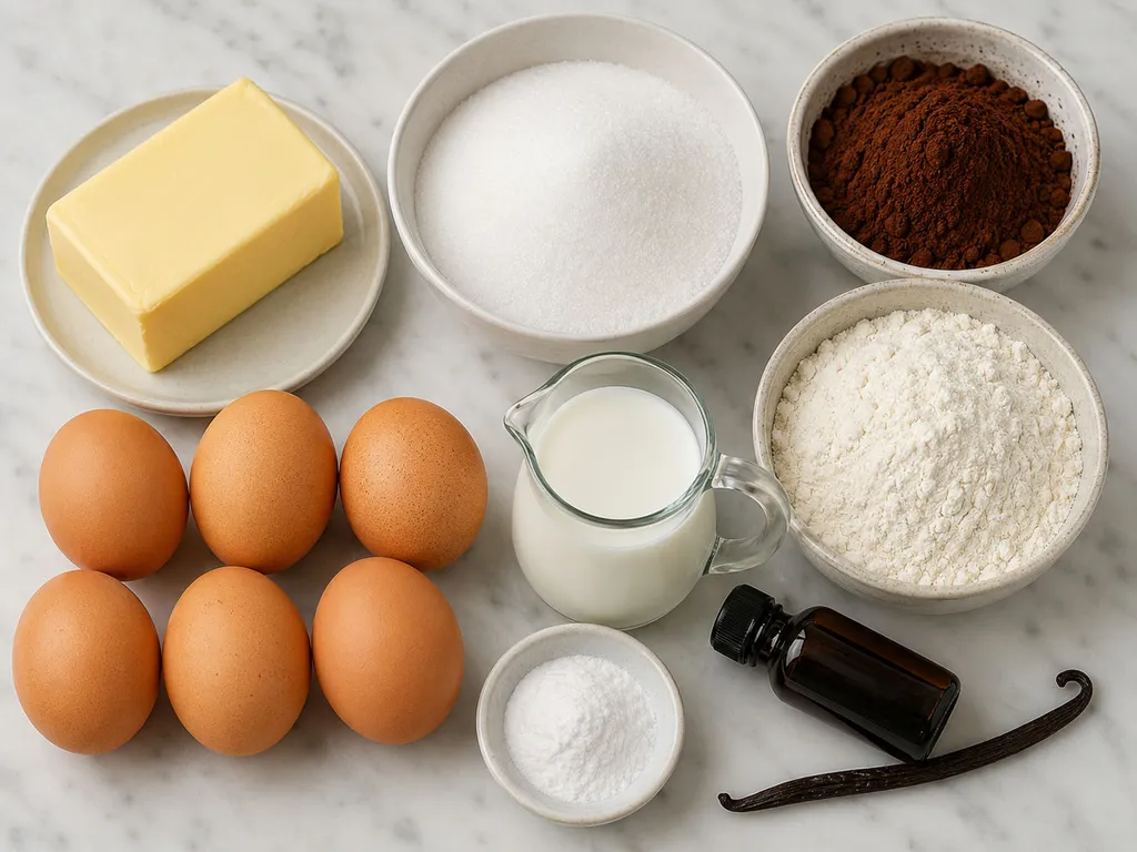 Raw ingredients for murzynek chocolate cake including cocoa, butter, flour and eggs