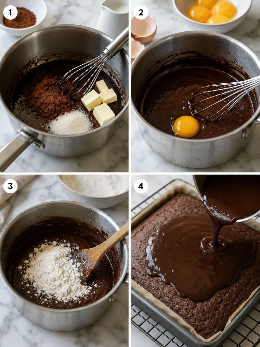 Four steps of making murzynek chocolate cake from batter to glazed finish