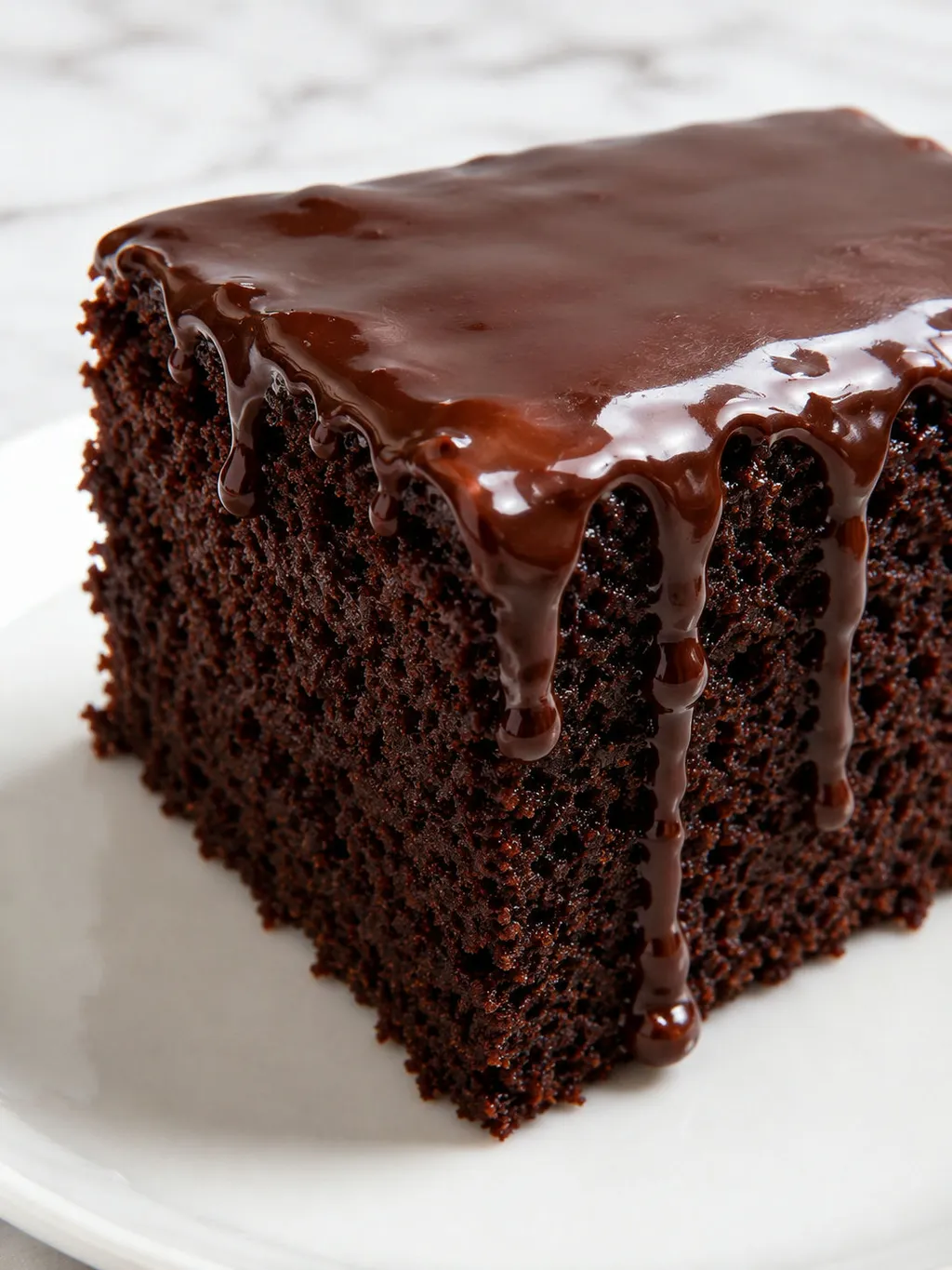 Close-up slice of dense chocolate murzynek cake with dripping cocoa glaze