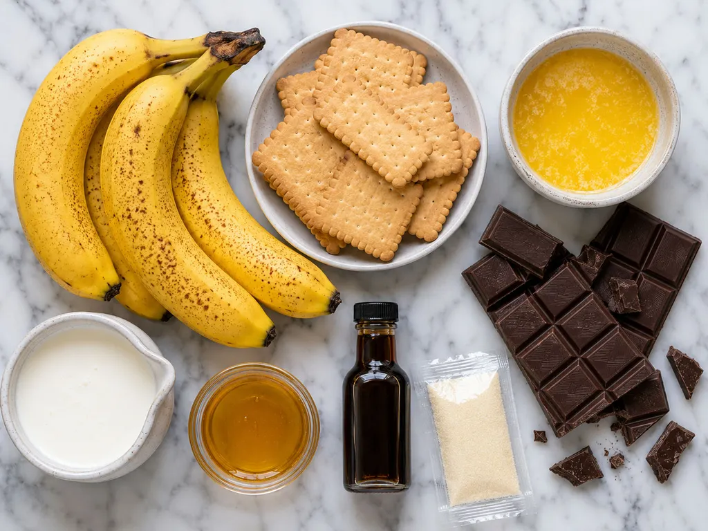 Surowe składniki na mus bananowy: banany, herbatniki, czekolada, śmietana i żelatyna