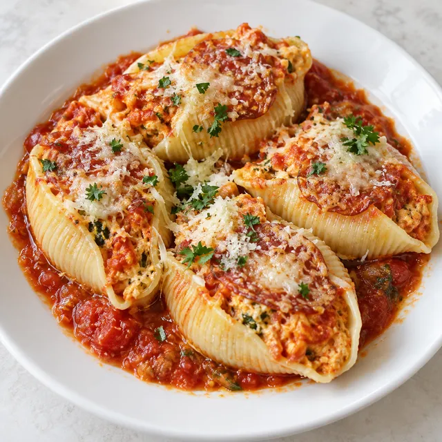 Muszle makaronowe z indykiem, ajvarem, ricottą i parmezanem