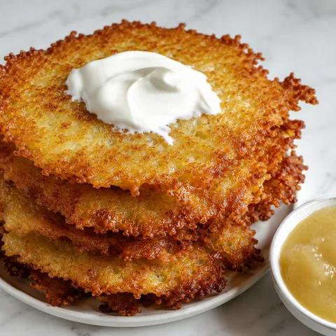 Stack of golden Polish potato pancakes topped with sour cream