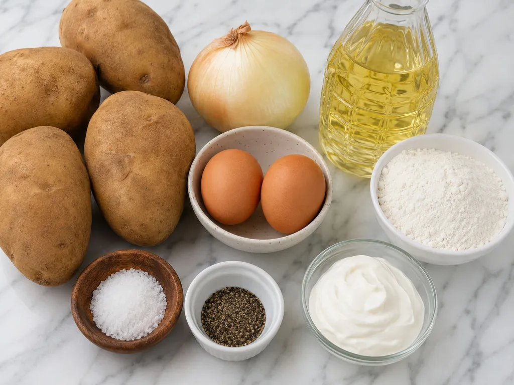 Raw potatoes, onion, eggs, flour, and oil for potato pancakes