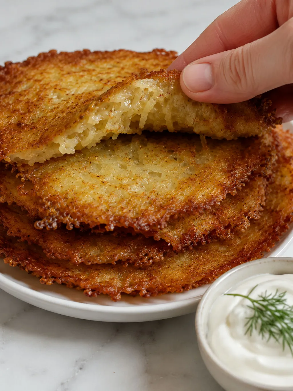 Golden potato pancake lifted to show its crisp edge and soft center