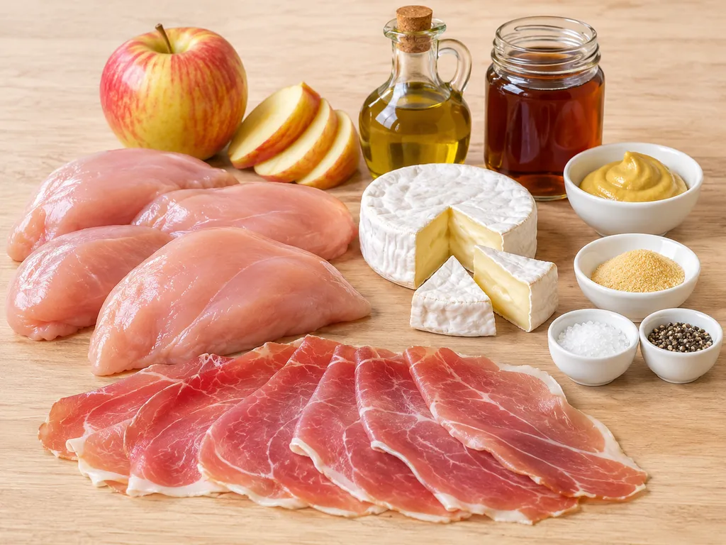 Surowe składniki na nadziewany filet z kurczaka, jabłko, camembert, prosciutto i przyprawy