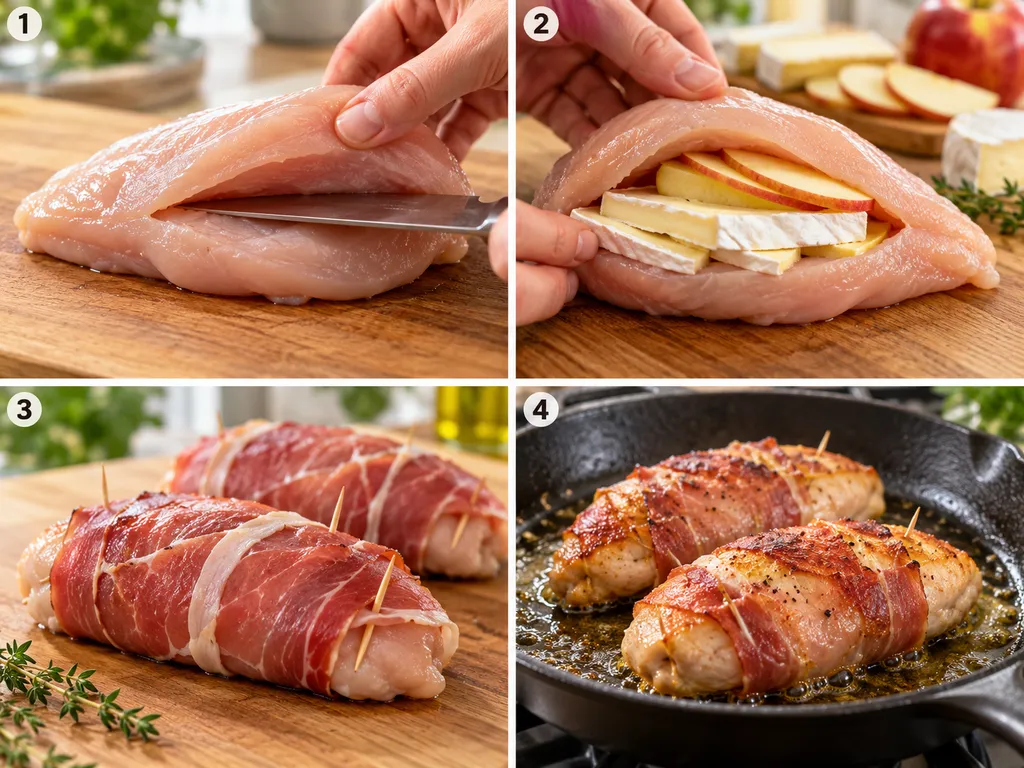 Cztery etapy przygotowania nadziewanego filetu z kurczaka w prosciutto