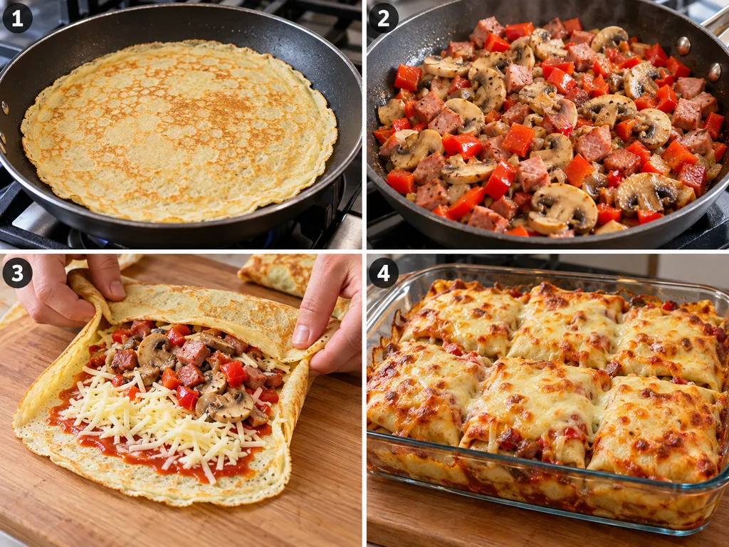 Cztery etapy przygotowania naleśników jak pizza, od smażenia do zapiekania