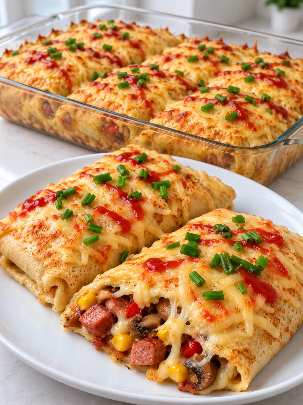 Naleśniki jak pizza w naczyniu do zapiekania i na talerzu z ketchupem
