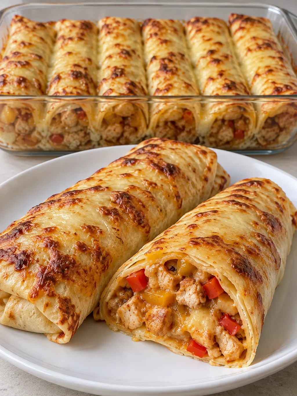 Zapiekane naleśniki gyros w szklanym naczyniu i porcja z widocznym farszem