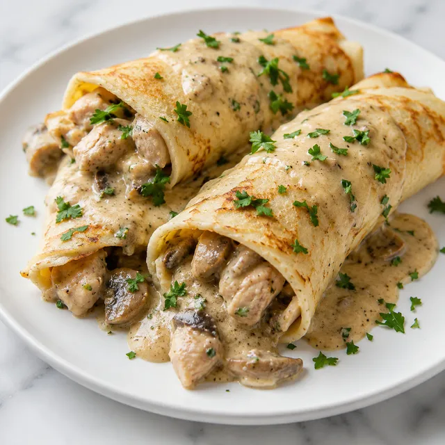 Rolled Polish crepes filled with creamy chicken and mushroom filling on a plate