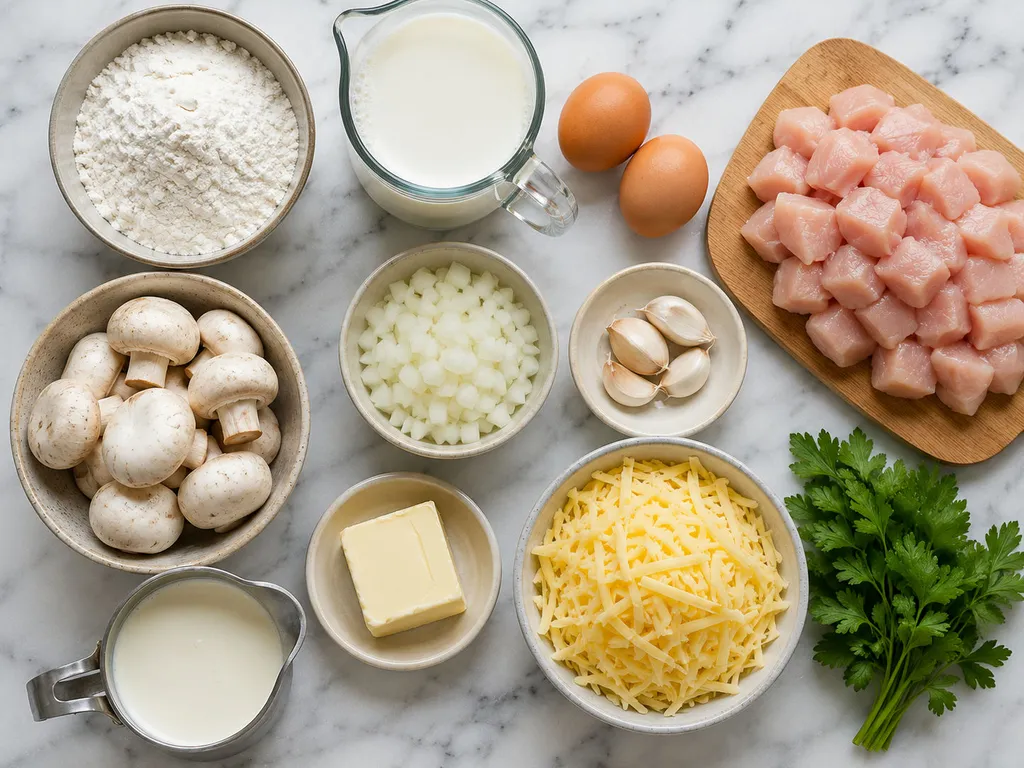 Raw ingredients for chicken and mushroom crepes including chicken, mushrooms and cream