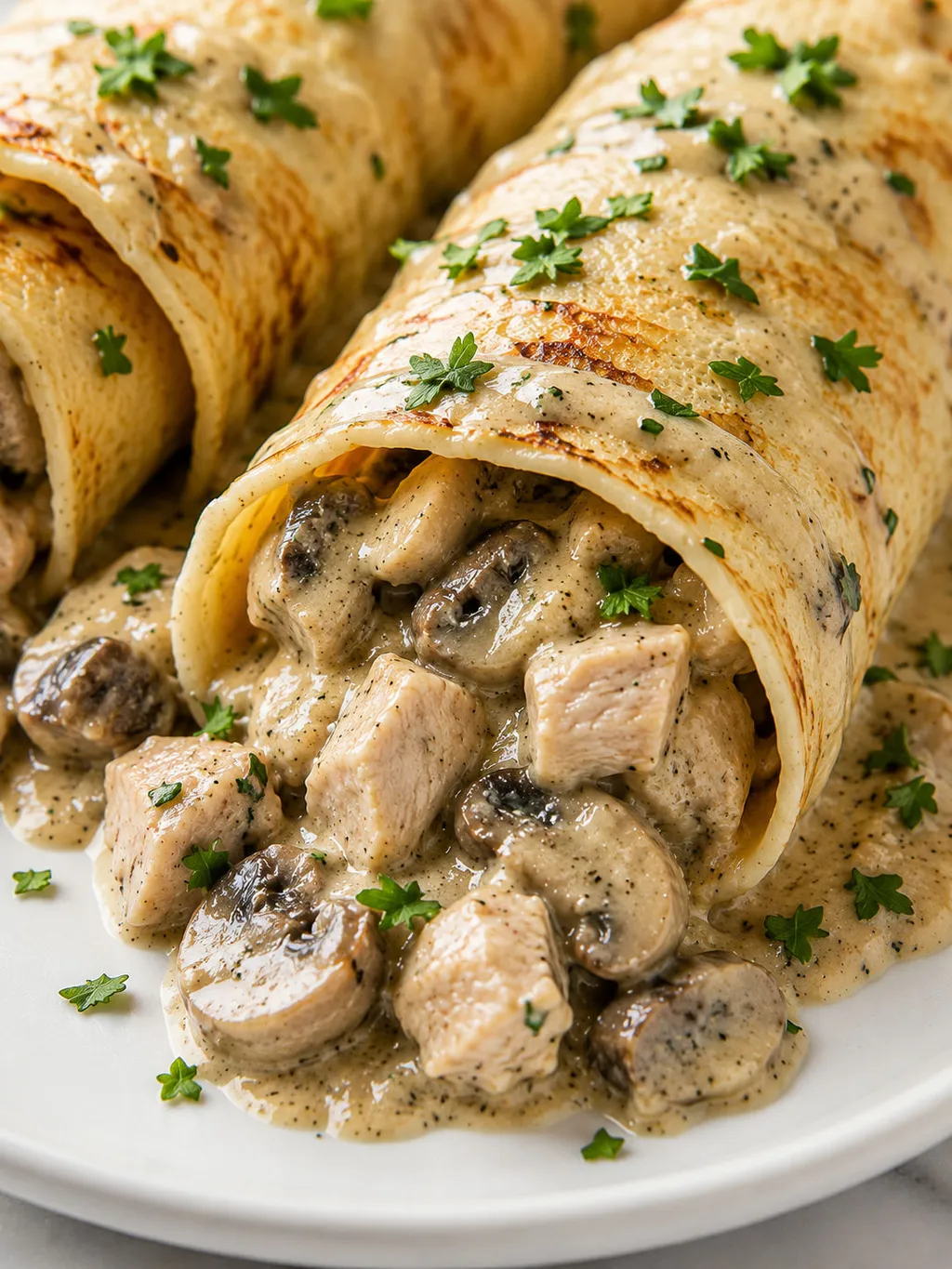 Close-up of a rolled chicken and mushroom crepe with creamy filling spilling out