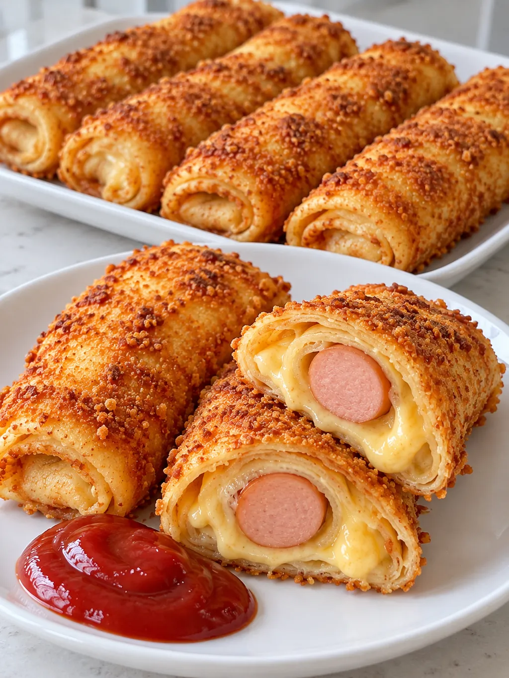 Roladki z naleśnika, parówki i żółtego sera w panierce, podane z ketchupem