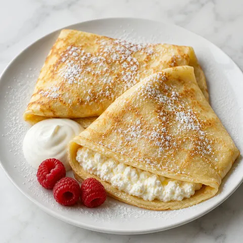 Golden Polish crepes filled with sweet farmer's cheese, dusted with powdered sugar