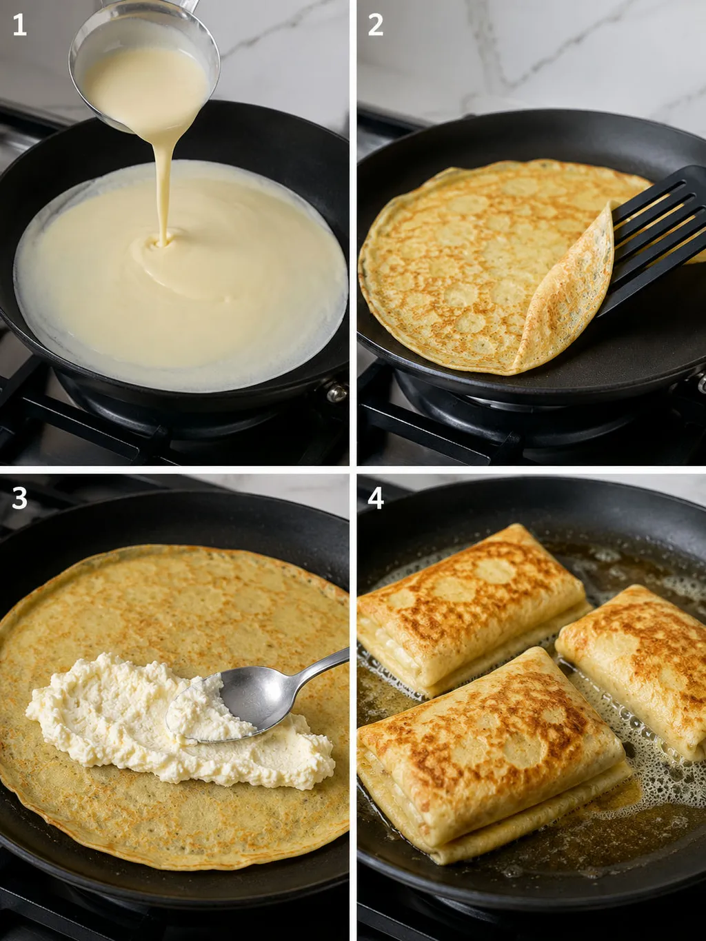 Four steps of making Polish cheese crepes from batter to golden folded crepes