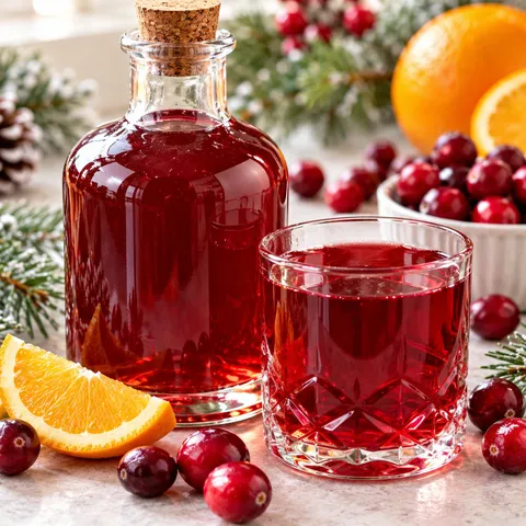 Rubinowa nalewka z żurawiny bez alkoholu w butelce i szklance