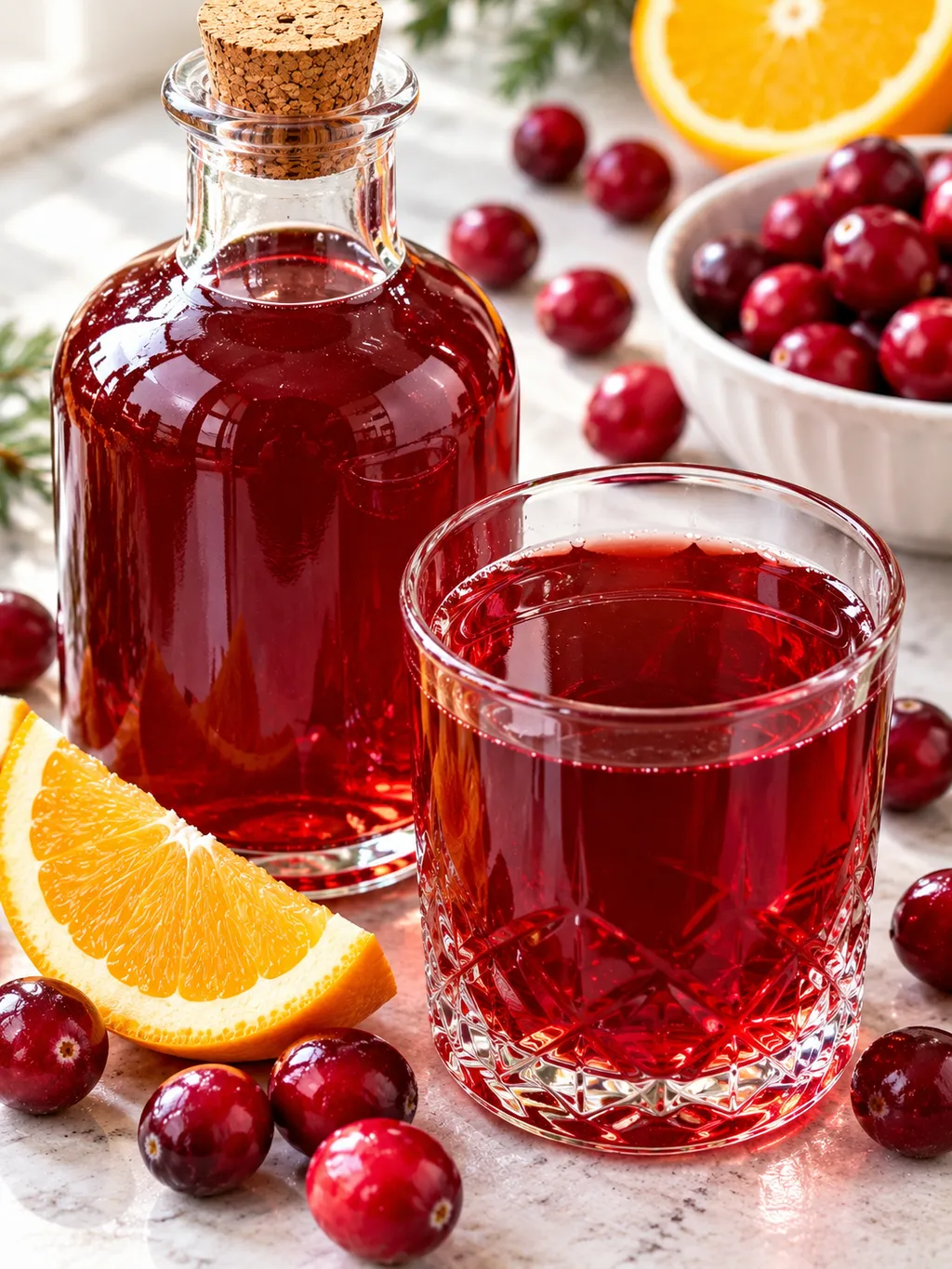 Rubinowy napój żurawinowy bez alkoholu z pomarańczą i owocami