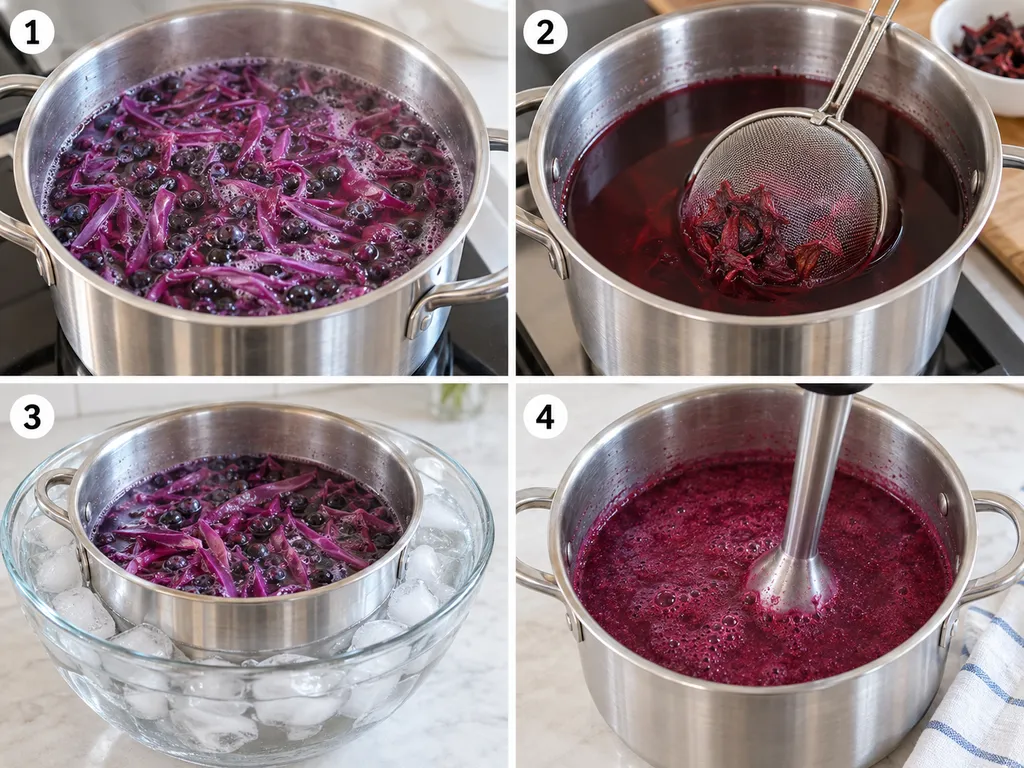 Gotowanie kapusty z jagodami, parzenie hibiskusa, chłodzenie i blendowanie napoju